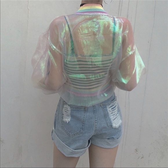 Rainbow Translucent Iridescent Shimmer Jacket Rave - Picture 5 of 5
